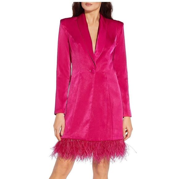 ⭕️ AIDAN MATTOX Feather Hem Tuxedo Dress Rose Color Pink US 8 Medium - Picture 1 of 8